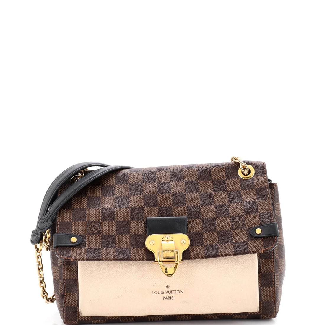 Handbag Damier Leather Louis Vuitton PM Vavin: Handbag Damier Leather Louis Vuitton PM Vavin Brown Louis Vuitton PM Vavin Damier Leather Cross Body Bag with Gold Hardware, featuring a canvas-coated leather exterior and neutral black interior,