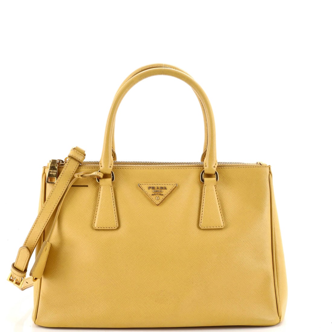 Prada Double Zip Lux Tote Saffiano Leather Small: Prada Double Zip Lux Tote Saffiano Leather Small Small Prada Double Zip Lux Tote Saffiano Leather in Yellow, featuring a double zip closure and gold hardware, measures 8" x 12" x 5" with a 4" drop