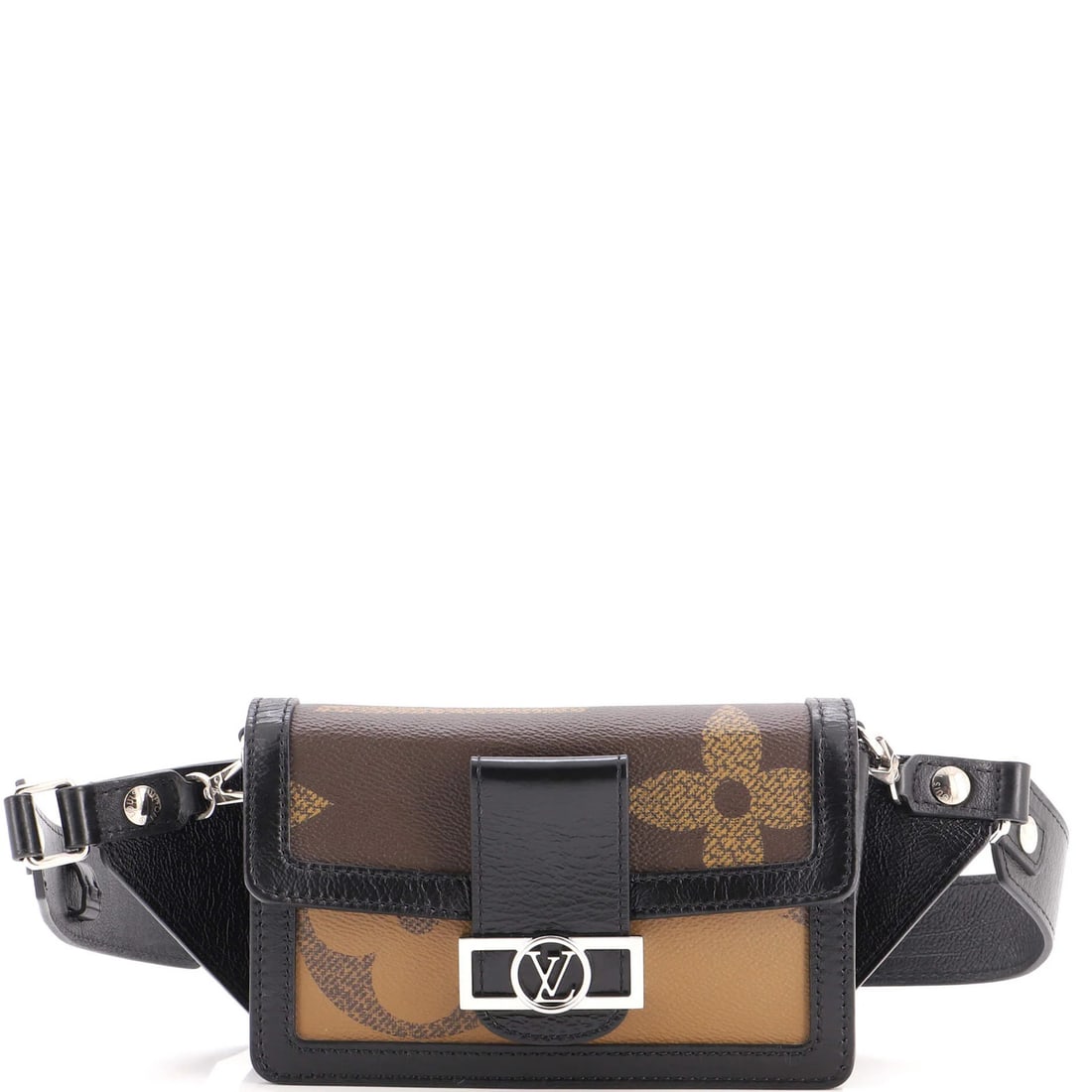 Giant Monogram Reverse Bumbag Vuitton Louis Dauphine: Giant Monogram Reverse Bumbag Vuitton Louis Dauphine Black Louis Vuitton Dauphine Bumbag with a Giant Reverse Monogram, made from canvas coated leather and featuring a silver buckle, measures 5" in