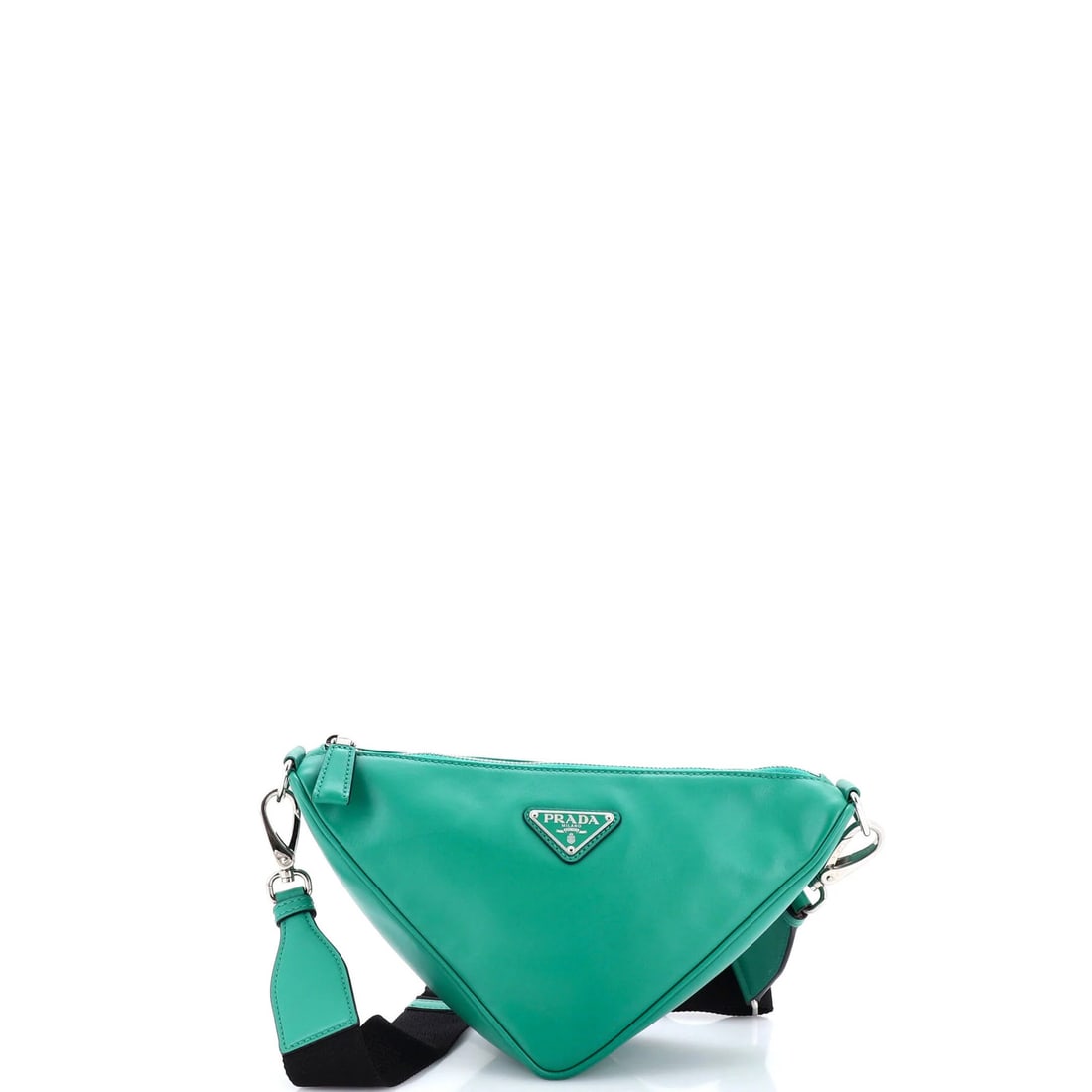 Prada Small Soft Leather Crossbody Bag Zip Logo Triangle: Prada Small Soft Leather Crossbody Bag Zip Logo Triangle This Prada Small Soft Leather Crossbody Bag features a striking green exterior and a triangle logo zip closure, adding a touch of