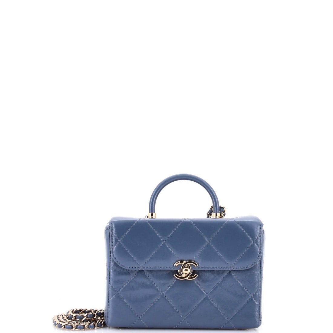Chanel Calfskin Quilted Medium Top Box Bag Handle CC: Chanel Calfskin Quilted Medium Top Box Bag Handle CC This Chanel Calfskin Quilted Medium Top Box Bag Handle CC boasts a stunning blue exterior with quilted details, adding a touch of sophistication