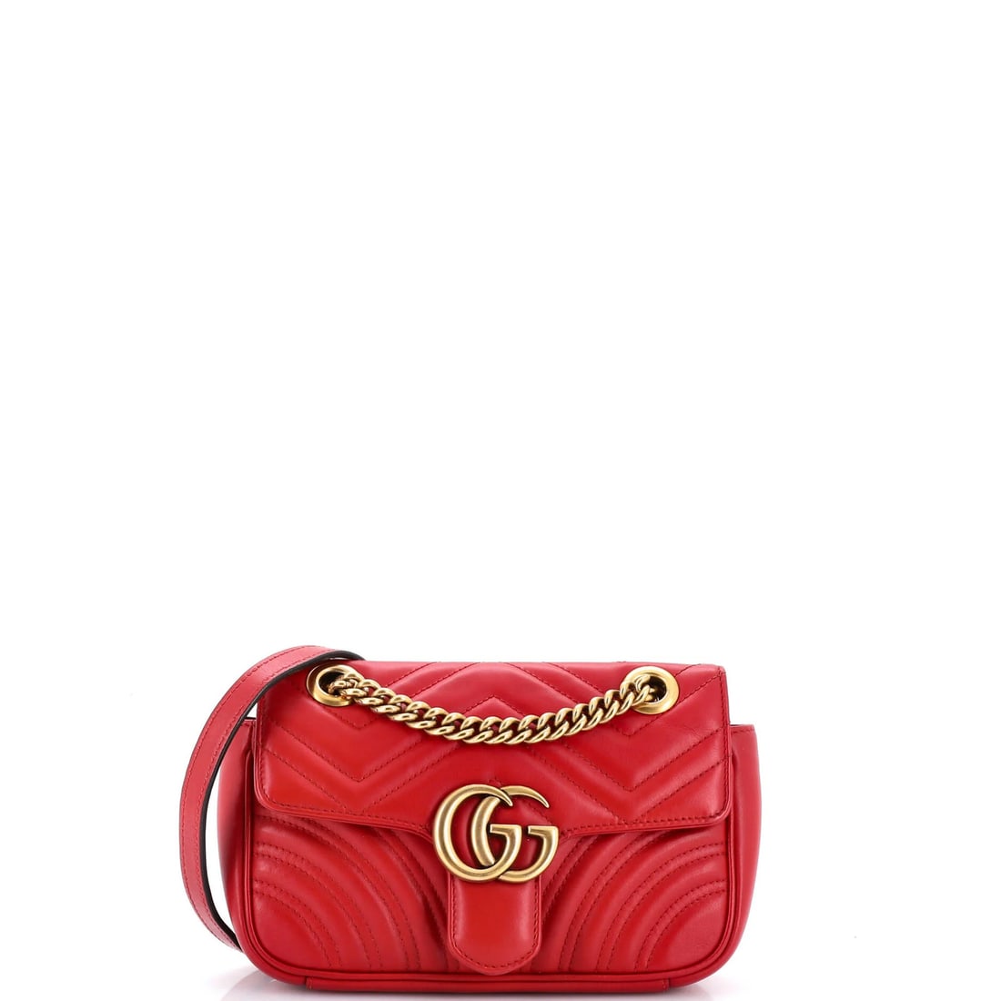 Gucci GG Matelasse Leather Mini Flap Bag Marmont: Gucci GG Matelasse Leather Mini Flap Bag Marmont Gucci's iconic GG Marmont Flap Bag Matelasse Leather Mini is a stylish and compact accessory, measuring 5" in height and 8.5" in width. This vibrant re
