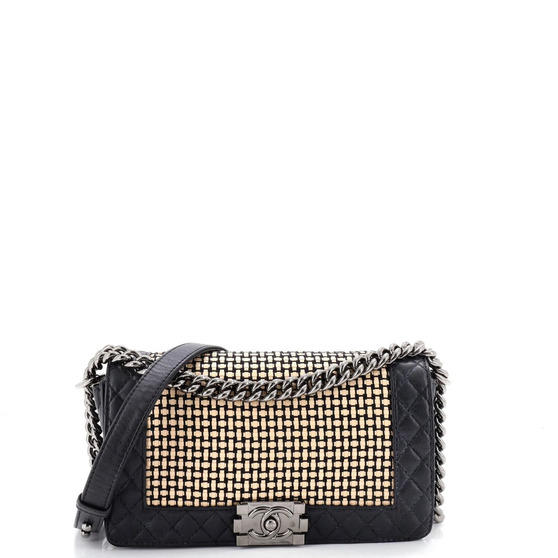 Boy Flap Bag Reverso Calfskin Old Chanel Woven Medium: Boy Flap Bag Reverso Calfskin Old Chanel Woven Medium The Boy Flap Bag Reverso Calfskin Old Chanel is a timeless, all-black shoulder bag with a woven calfskin exterior. Measuring 6" tall and 9.5"