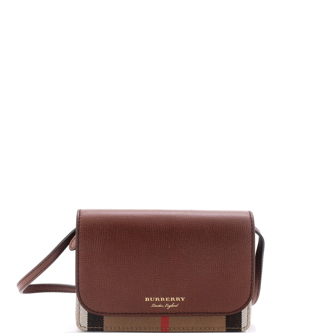 Hampshire House Check Leather Wallet on Chain Canvas: Hampshire House Check Leather Wallet on Chain Canvas Brown canvas exterior with leather details and gold hardware, this Hampshire House Check Leather Wallet on Chain features a unique design. The