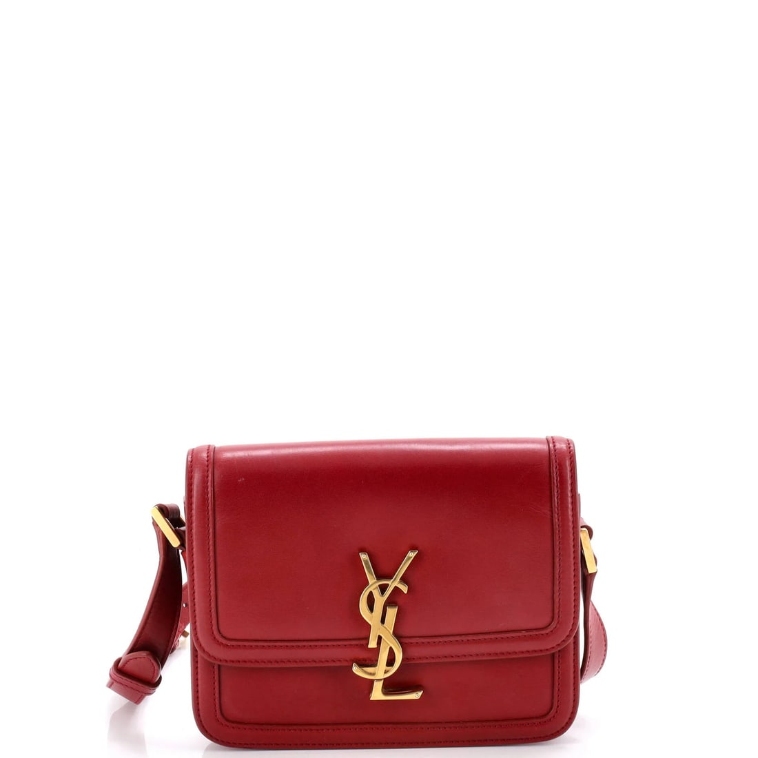 Leather Small Saint Laurent Bag Solferino: Leather Small Saint Laurent Bag Solferino Small Saint Laurent Solferino Leather Cross Body Bag in Red features a classic design with a bold exterior color. The bag's exterior shows signs of wear, with