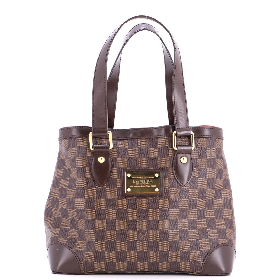 Louis Vuitton Damier Handbag Hampstead: Louis Vuitton Damier Handbag Hampstead Brown Louis Vuitton Damier PM Hampstead tote features a canvas-coated exterior with scuffs, corner wear, and minor creases. The gold hardware and red interior