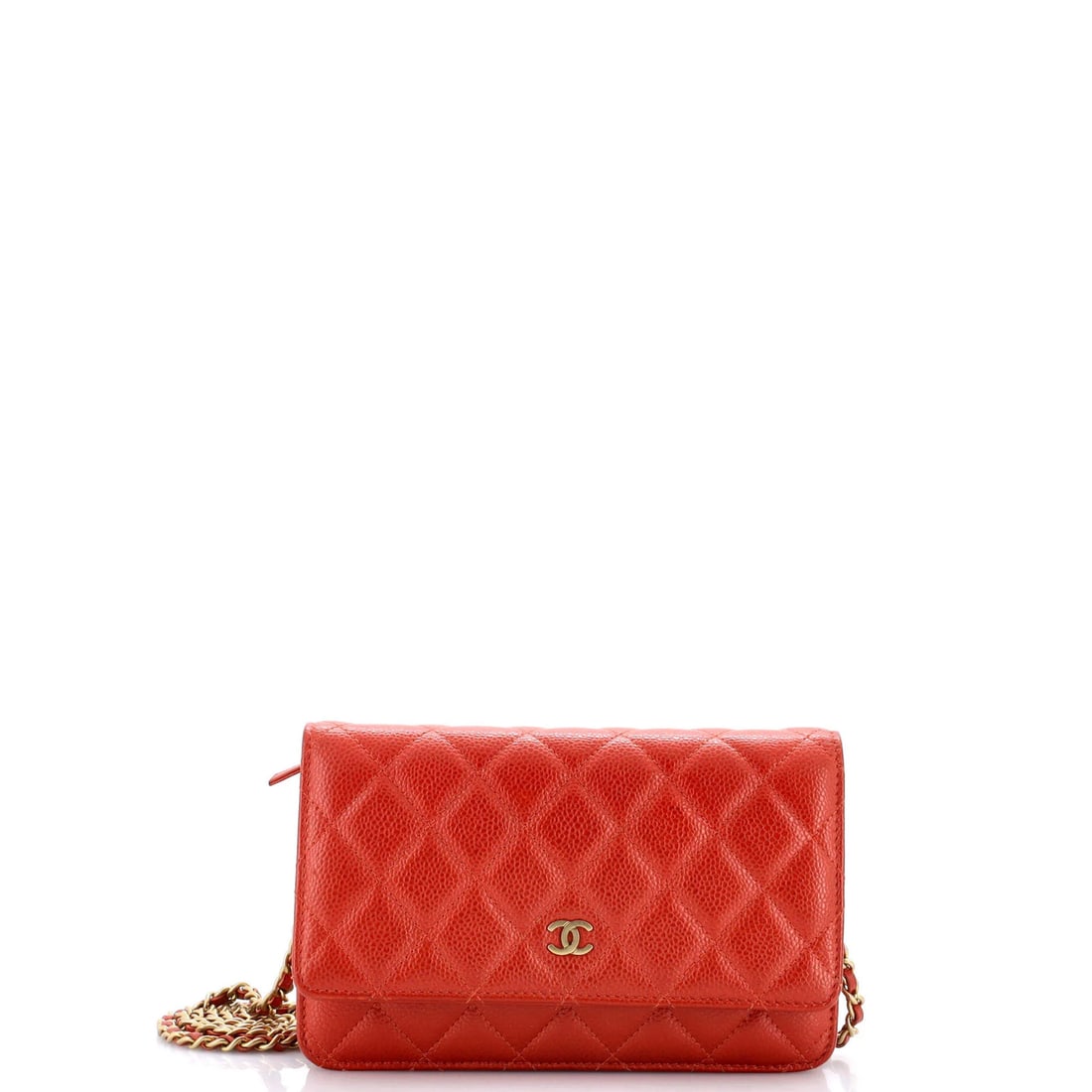 Quilted Wallet Chain Caviar: Quilted Wallet Chain Caviar Quilted Caviar Wallet on Chain from Chanel boasts a vibrant orange exterior with scuffs, edge wear, and minor creases, adding a touch of wear and tear to its stylish design