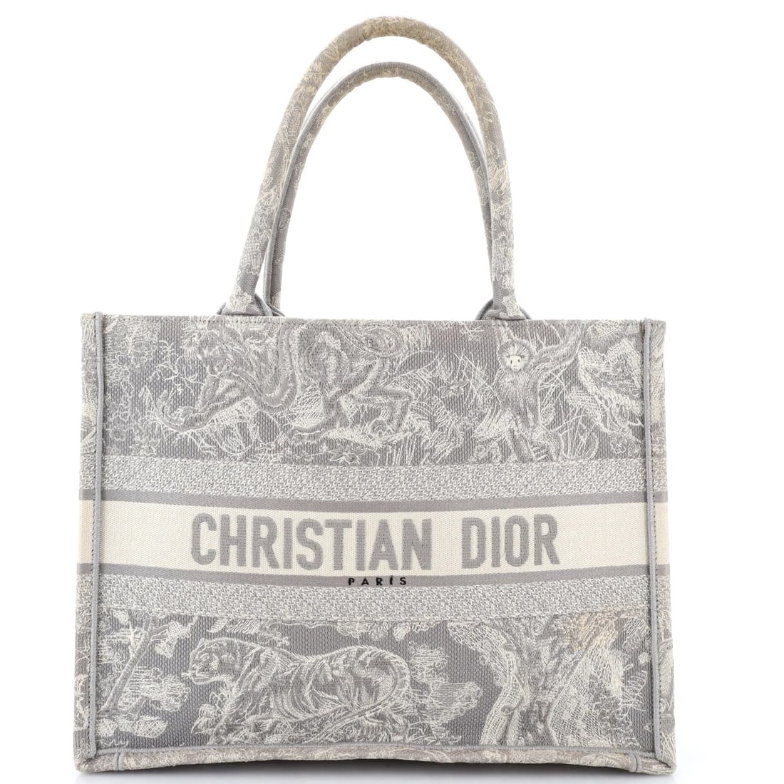 Canvas Embroidered Book Medium Christian Dior Tote: Canvas Embroidered Book Medium Christian Dior Tote Canvas Embroidered Book Medium Christian Dior Tote features a striking gray exterior with a subtle embroidered design, adding a touch of elegance to