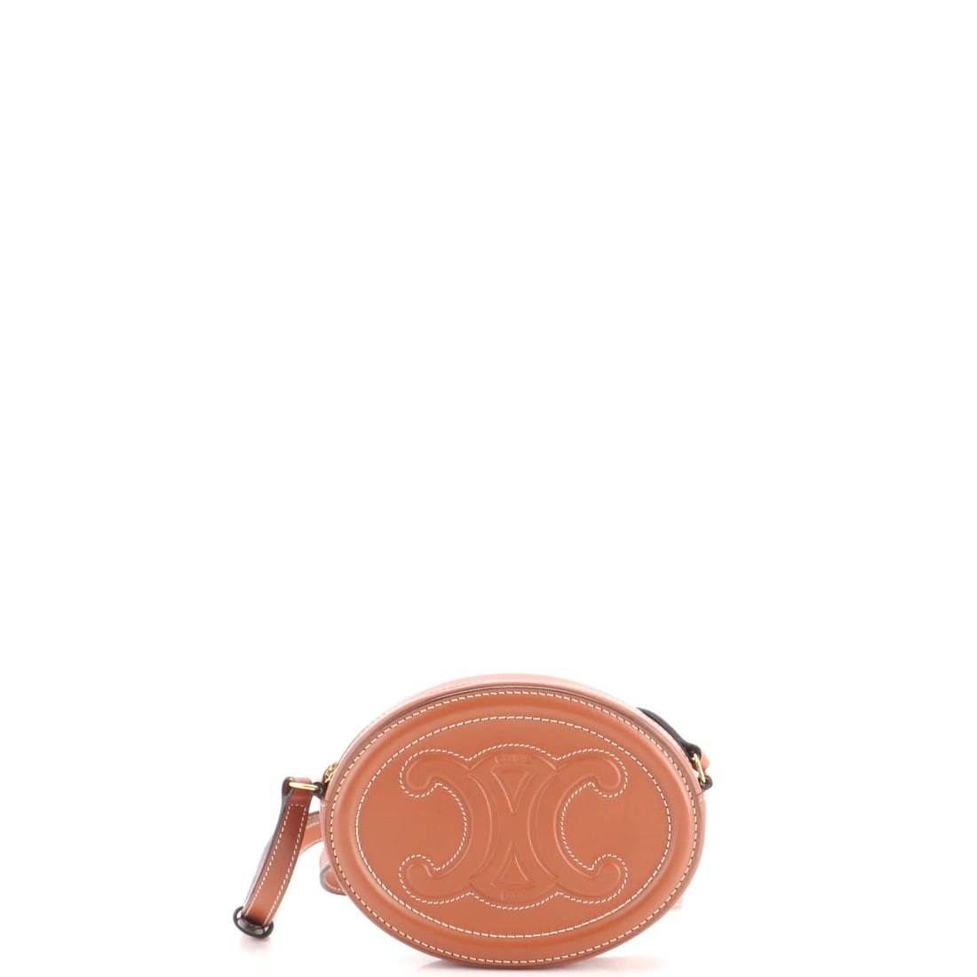 Triomphe Oval Crossbody Leather Mini Bag Celine: Triomphe Oval Crossbody Leather Mini Bag Celine The Celine Triomphe Oval Crossbody Leather Mini Bag boasts a rich, brown leather exterior with gold hardware, adding a touch of sophistication to any