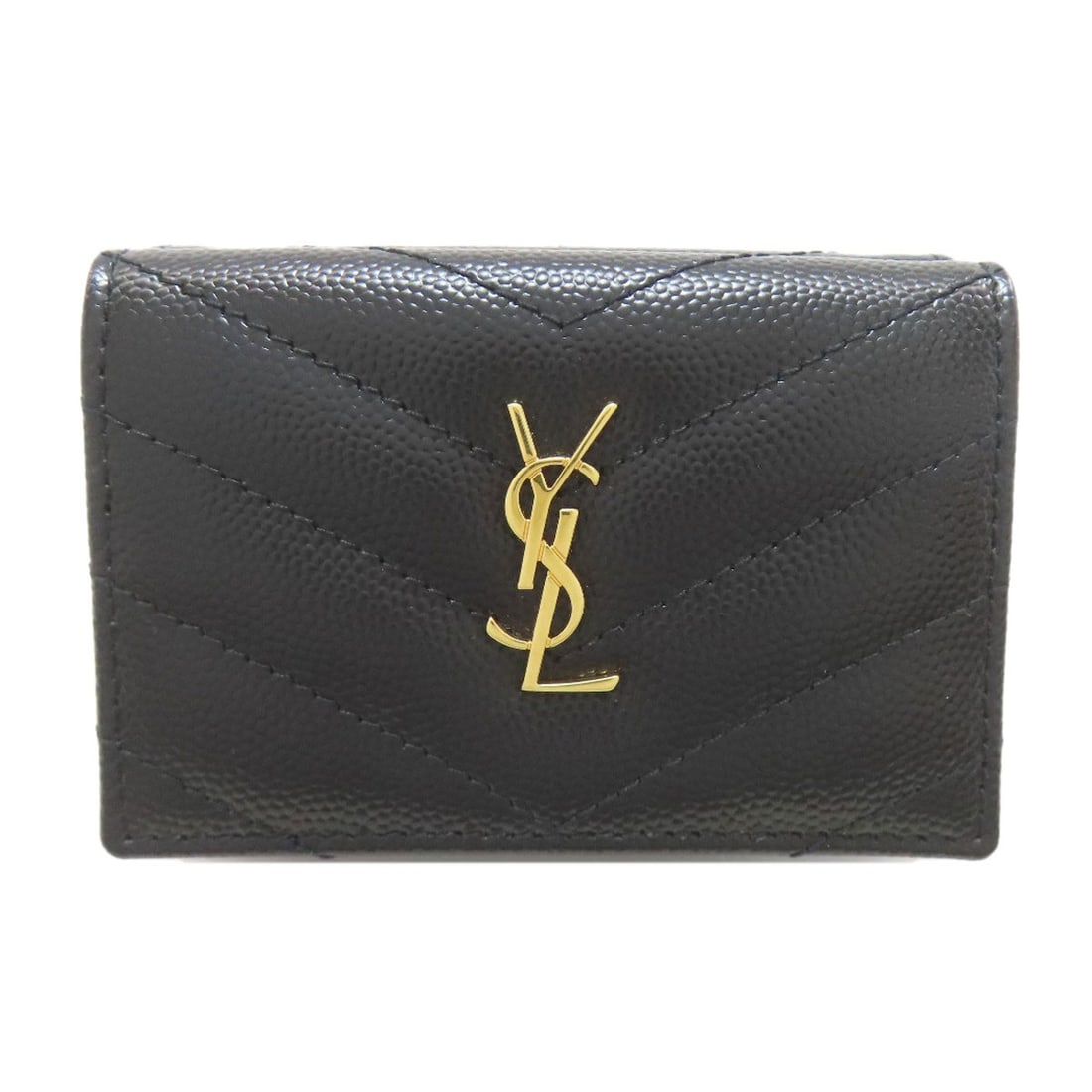 Saint Laurent Yves V Wallet Tri-Fold Stitch Cassandra Coin Pocket: Saint Laurent Yves V Wallet Tri-Fold Stitch Cassandra Coin Pocket Black tri-fold wallet with coin pocket from Yves Saint Laurent features a sleek design and a sturdy construction. The wallet's