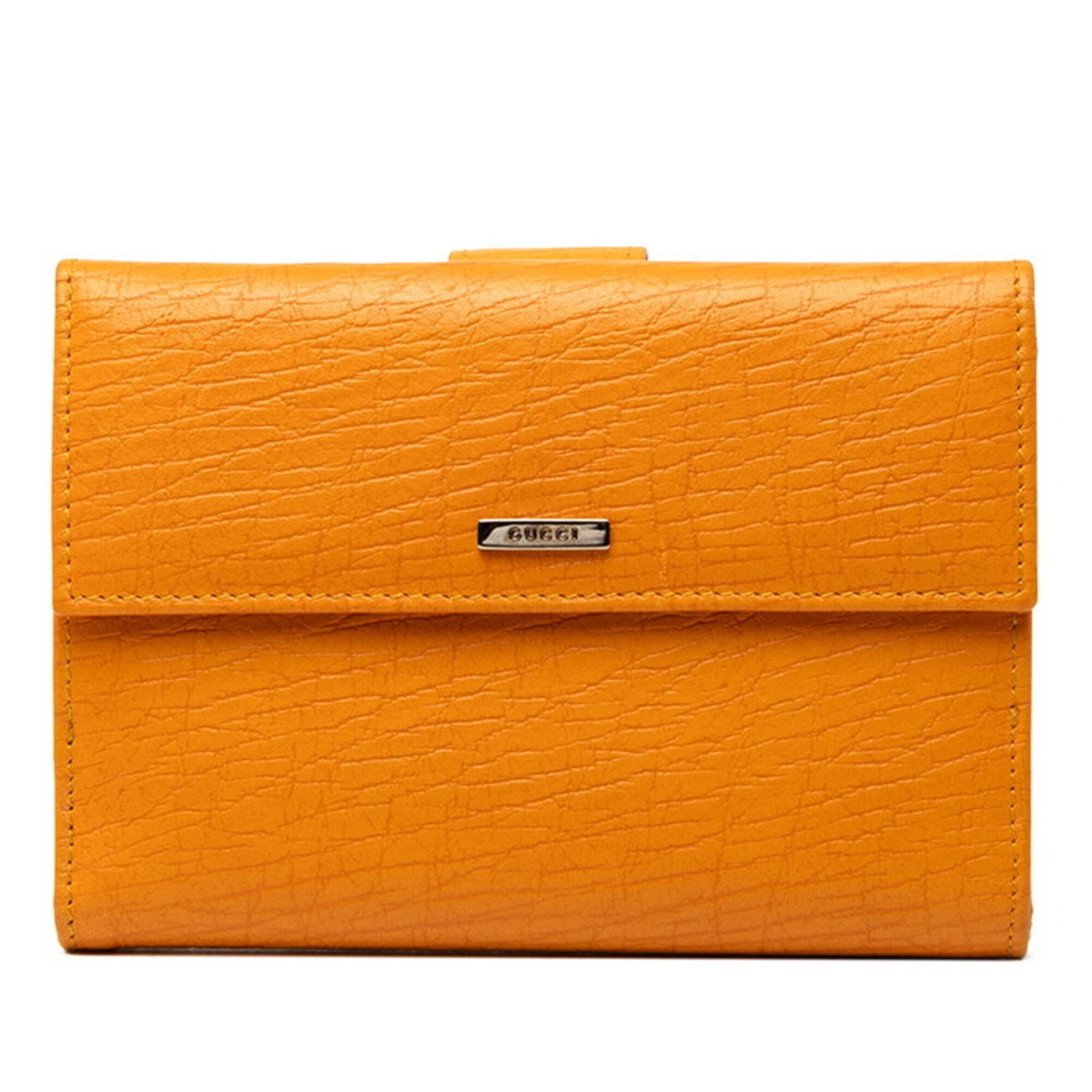 Gucci Wallet (Bi-Fold) Leather: Gucci Wallet (Bi-Fold) Leather Orange and Yellow Gucci Bi-Fold Leather Wallet. This bi-fold wallet features a vibrant orange and yellow leather design, measuring 10.5cm x 15cm x 2cm. Made from