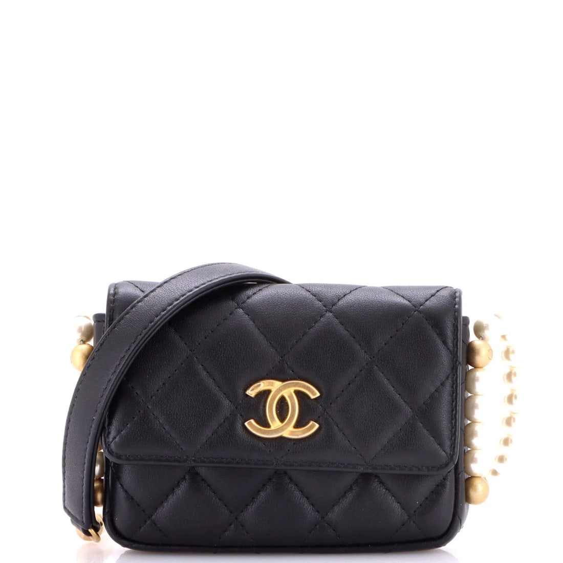 Chanel Flap Holder Card Quilted Calfskin with Pearls Chain: Chanel Flap Holder Card Quilted Calfskin with Pearls Chain The Chanel Flap Holder Card Quilted Calfskin with Pearls Chain is a stylish and elegant accessory, featuring a classic black leather