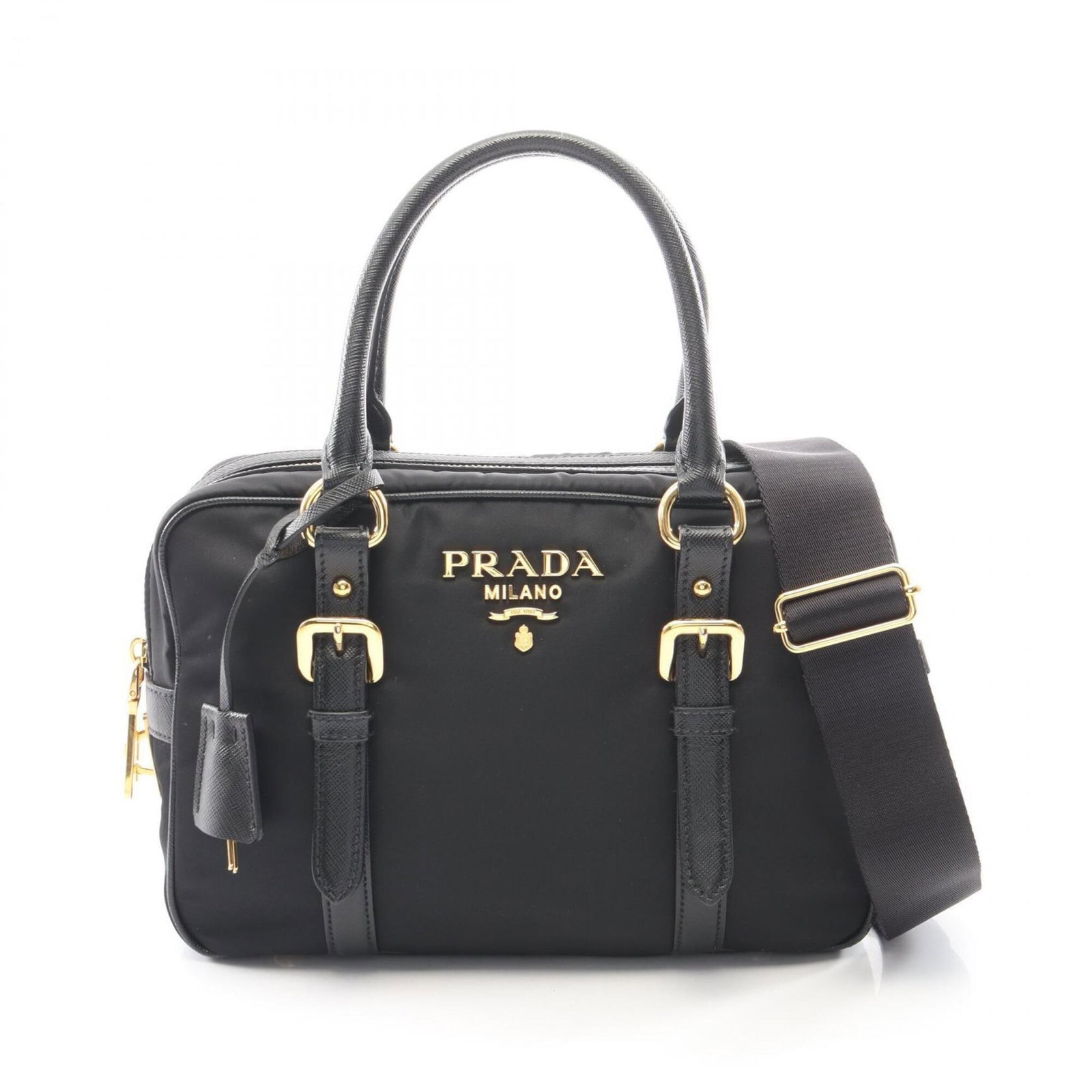 Handbag Nylon Leather Prada: Handbag Nylon Leather Prada Saffiano leather construction adds durability to this black Prada handbag, featuring a sleek and modern design. Made with a combination of nylon and leather, the bag's 17cm