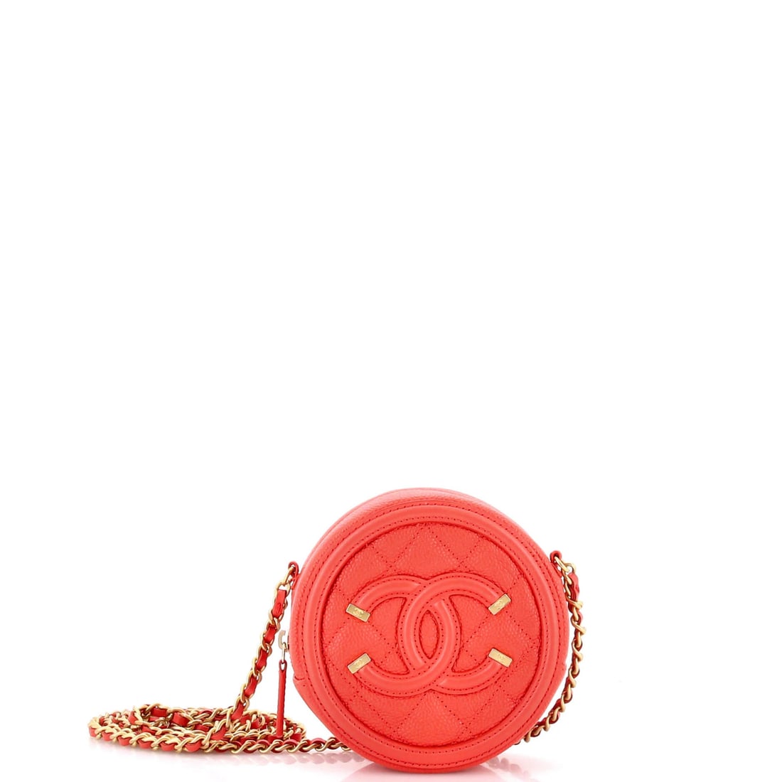 Mini Clutch Round Caviar Quilted Chain Filigree Chanel: Mini Clutch Round Caviar Quilted Chain Filigree Chanel Mini Clutch Round Caviar Quilted Chain Filigree Chanel features a striking red leather exterior with a quilted design and chain details, showcasi