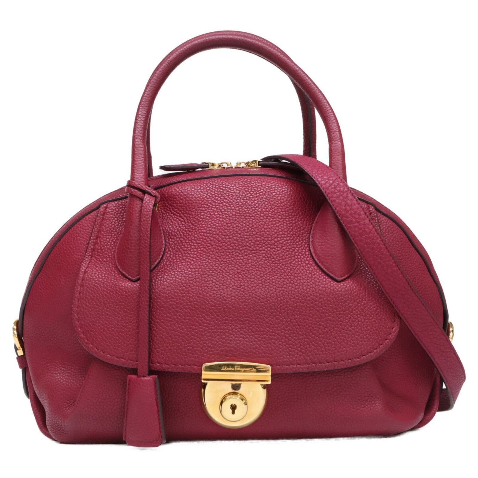 Salvatore Ferragamo Handbag Leather: Salvatore Ferragamo Handbag Leather Purple Salvatore Ferragamo Handbag Leather. Made from high-quality leather, this 24cm x 25cm x 11.5cm handbag features a rich purple color. The signature is