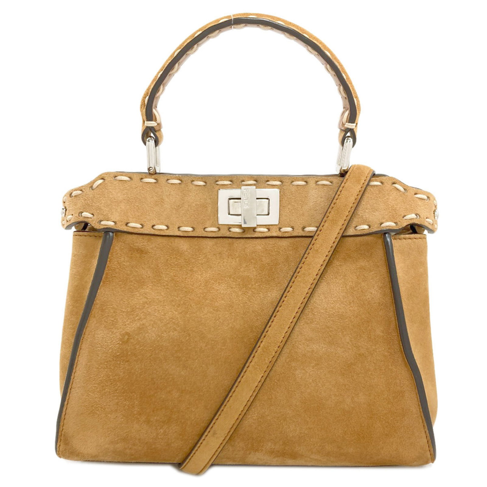 Suede Fendi Handbag: Suede Fendi Handbag Suede Fendi Handbag: A luxurious brown suede handbag with a rich, velvety texture and a classic design. Measuring 19cm x 23cm x 11cm, this stylish accessory is perfect for adding