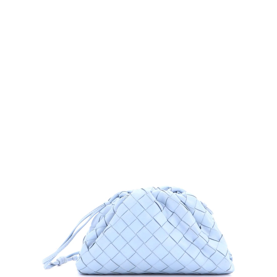 Intrecciato Pouch Nappa Mini Bottega: Intrecciato Pouch Nappa Mini Bottega The Intrecciato Pouch Nappa Mini Bottega is a stylish and versatile blue leather cross body bag with a classic design. Measuring 5" in height, 9" in width, and 2"