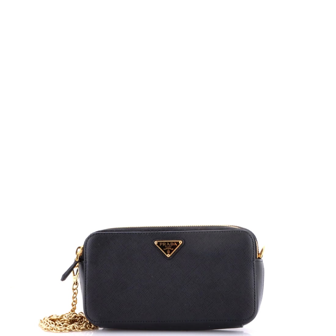 Saffiano Leather Double Zip Wallet on Chain Crossbody Mini: Saffiano Leather Double Zip Wallet on Chain Crossbody Mini Saffiano Leather Double Zip Wallet on Chain Crossbody Mini, a stylish and functional mini clutch, features a sleek black exterior with gold
