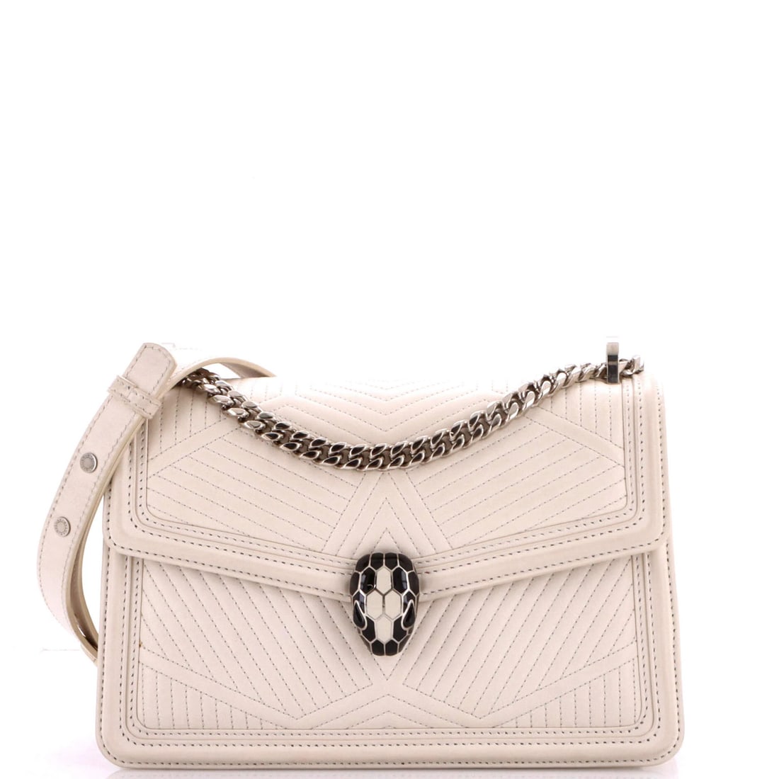 Serpenti Forever Small Quilted Leather Bag Bvlgari Shoulder: Serpenti Forever Small Quilted Leather Bag Bvlgari Shoulder Small Quilted Leather Bvlgari Serpenti Forever Shoulder Bag features a white exterior with silver hardware, a quilted design, and a small