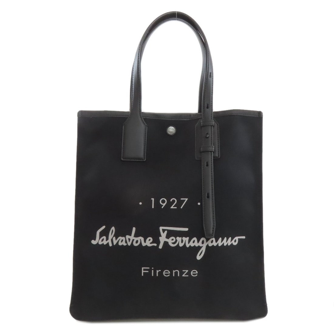 Salvatore Ferragamo Logo Tote Bag Canvas Leather: Salvatore Ferragamo Logo Tote Bag Canvas Leather Black canvas tote bag with Salvatore Ferragamo logo, made from high-quality leather. This stylish tote features a classic design with a timeless black