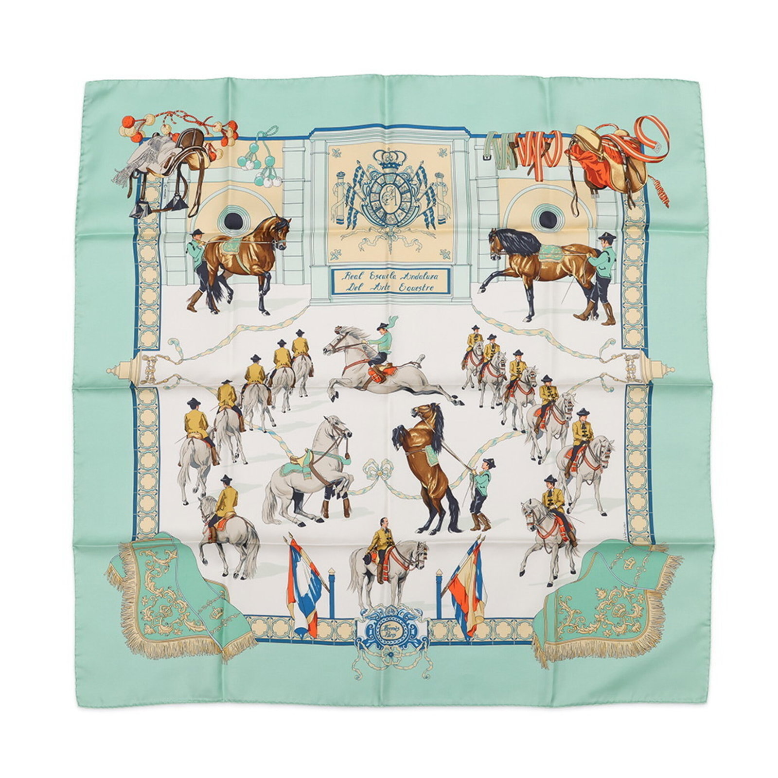 Silk Hermes Scarf: Silk Hermes Scarf Silk from France, this 90cm x 90cm scarf features a light green and multi-color design, made from high-quality silk. The scarf's unique pattern and vibrant colors make it a stylish