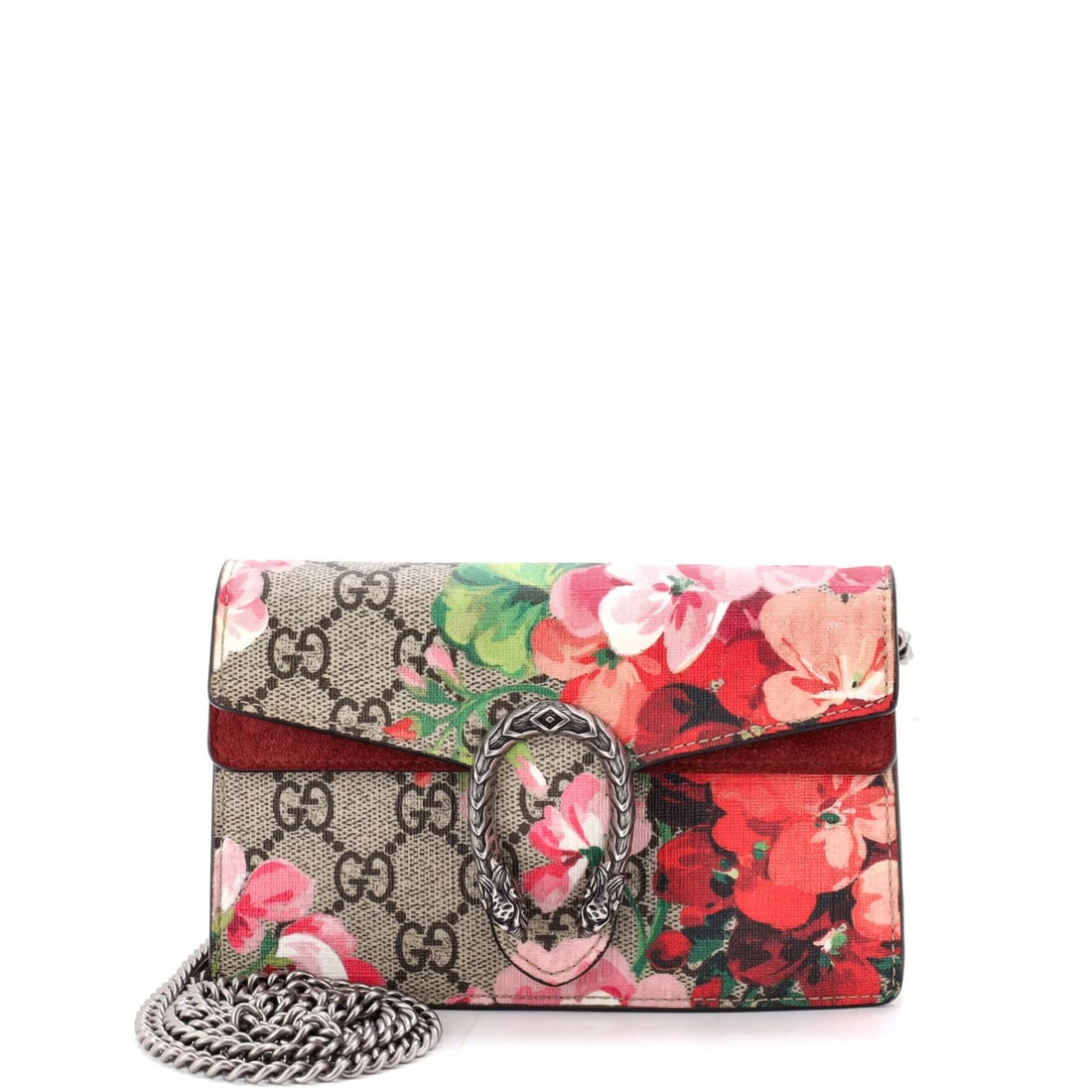 Gucci Coated Canvas Blooms Print Dionysus Bag Super Mini GG: Gucci Coated Canvas Blooms Print Dionysus Bag Super Mini GG Super Mini Gucci Dionysus Bag with Brown Coated Canvas Blooms Print GG Exterior in Excellent Condition. This compact cross-body bag