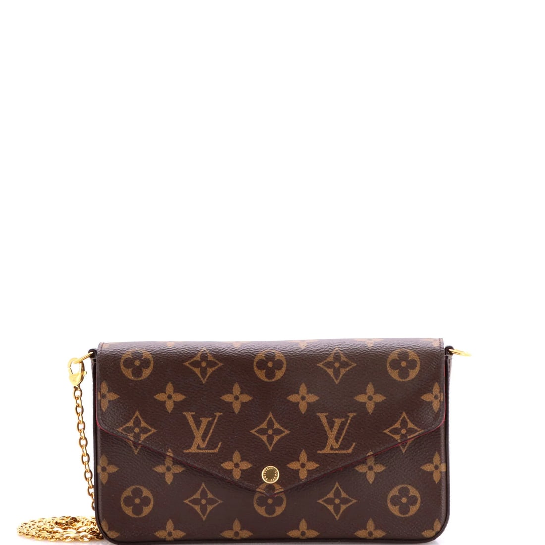 Monogram Pochette Canvas Vuitton Felicie Louis: Monogram Pochette Canvas Vuitton Felicie Louis Canvas coated Monogram Pochette with card holder and gold hardware, featuring a classic cross body design and signature Felicie Louis style. This brown