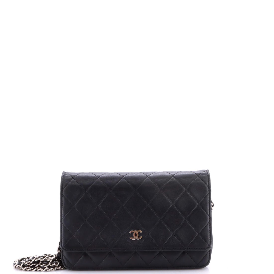 Lambskin Quilted Chain Wallet Chanel: Lambskin Quilted Chain Wallet Chanel Black quilted lambskin exterior, silver and black hardware, and a burgundy interior make this Chanel Wallet on Chain a stylish accessory. The quilted design adds