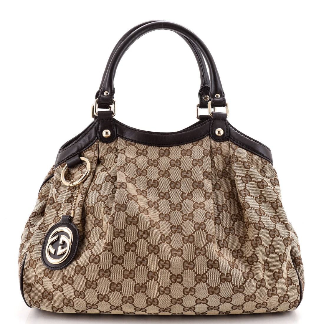 Canvas GG Tote Leather Medium Gucci Sukey: Canvas GG Tote Leather Medium Gucci Sukey Canvas GG Tote Leather Medium Gucci Sukey - A Timeless Brown Tote with Gold Hardware, Featuring a Signature and Minor Signs of Wear. This medium-sized Gucci S