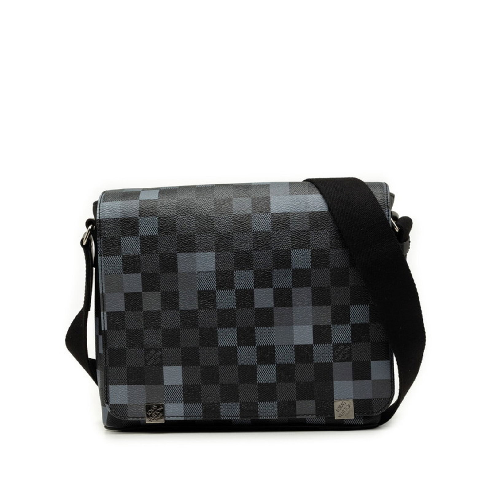 PVC Leather Louis Vuitton Shoulder Bag: PVC Leather Louis Vuitton Shoulder Bag PVC Leather Louis Vuitton Shoulder Bag features a unique blend of PVC and leather materials, with a sleek black and gray color scheme. The bag's compact size