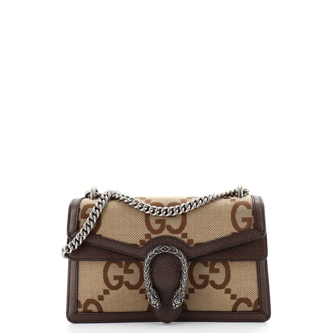 GG Canvas Dionysus Bag Small Jumbo Gucci: GG Canvas Dionysus Bag Small Jumbo Gucci Small Jumbo GG Canvas Dionysus Bag in Brown, featuring iconic Gucci design with canvas exterior and neutral interior, showcasing the signature aged silver