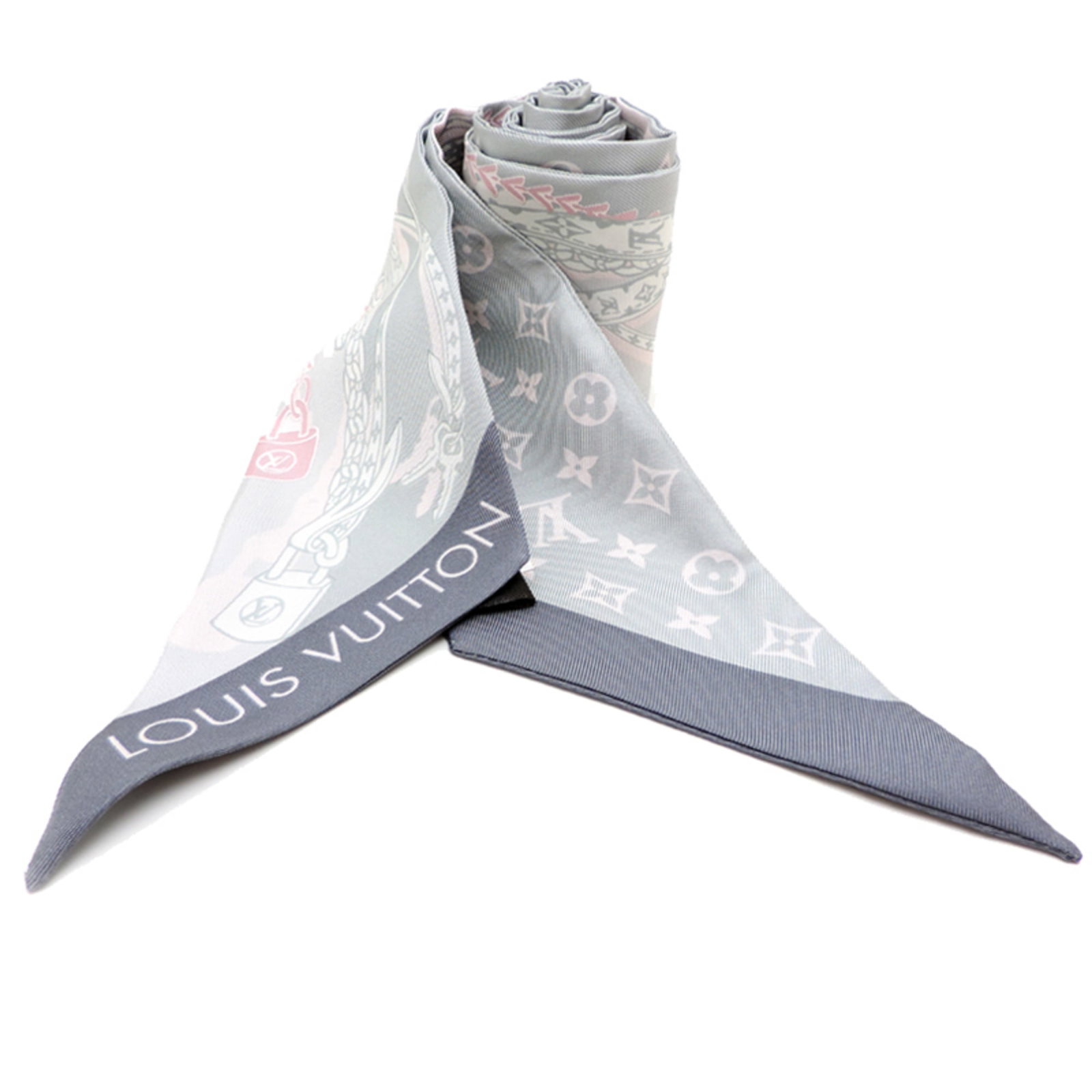 Silk Scarf Louis Vuitton: Silk Scarf Louis Vuitton Silk Scarf from Louis Vuitton, featuring a unique gray and pink color combination, is crafted from high-quality silk material. Measuring 1.12m x 7cm, it boasts a distinctive s