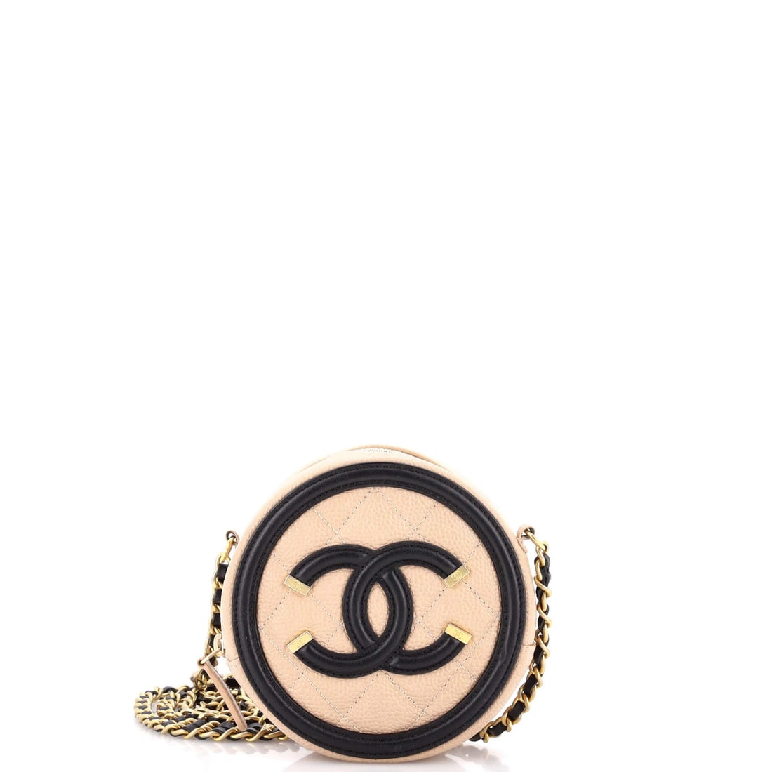 Mini Clutch Round Caviar Quilted Chain Filigree Chanel: Mini Clutch Round Caviar Quilted Chain Filigree Chanel Mini Clutch Round Caviar Quilted Chain Filigree Chanel features a neutral exterior with a quilted chain and filigree design, alongside a black