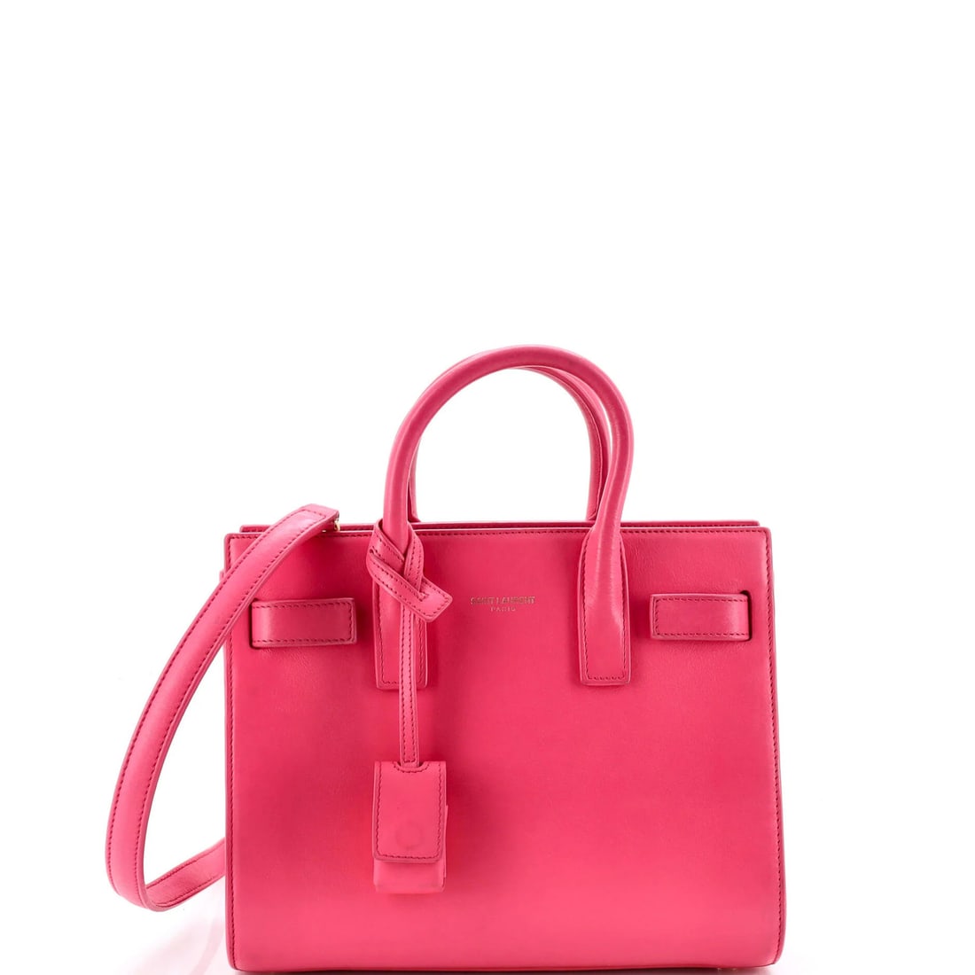 Saint Laurent Leather Nano Bag Sac de Jour: Saint Laurent Leather Nano Bag Sac de Jour The Saint Laurent Leather Nano Bag Sac de Jour is a stylish and compact tote featuring a sleek pink leather exterior, suede interior, and gold hardware.