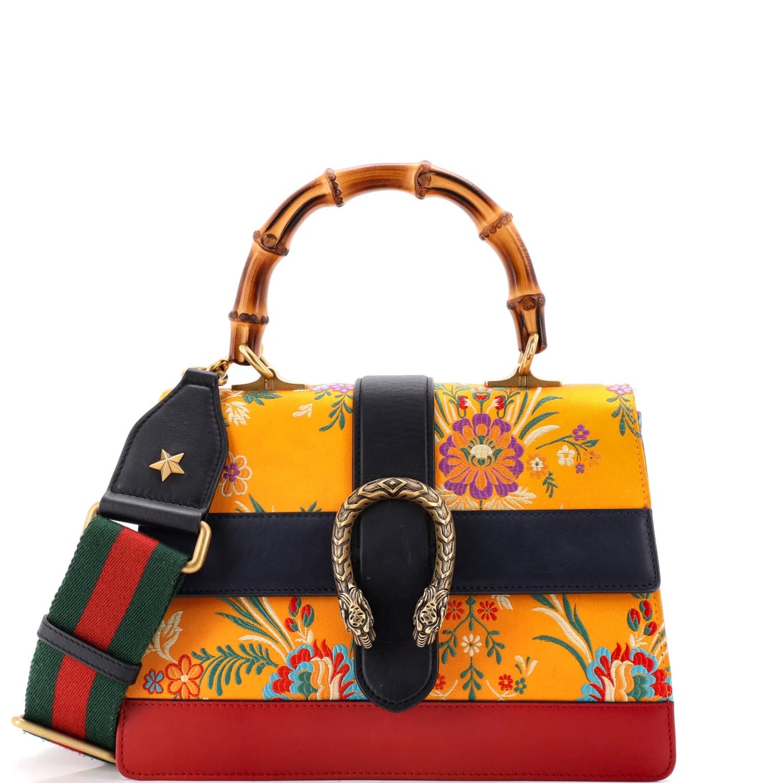 Bamboo Top Handle Bag Gucci Floral Jacquard with Medium Leather: Bamboo Top Handle Bag Gucci Floral Jacquard with Medium Leather The Gucci Bamboo Top Handle Bag features a vibrant floral jacquard print on its exterior, paired with medium leather and a sturdy