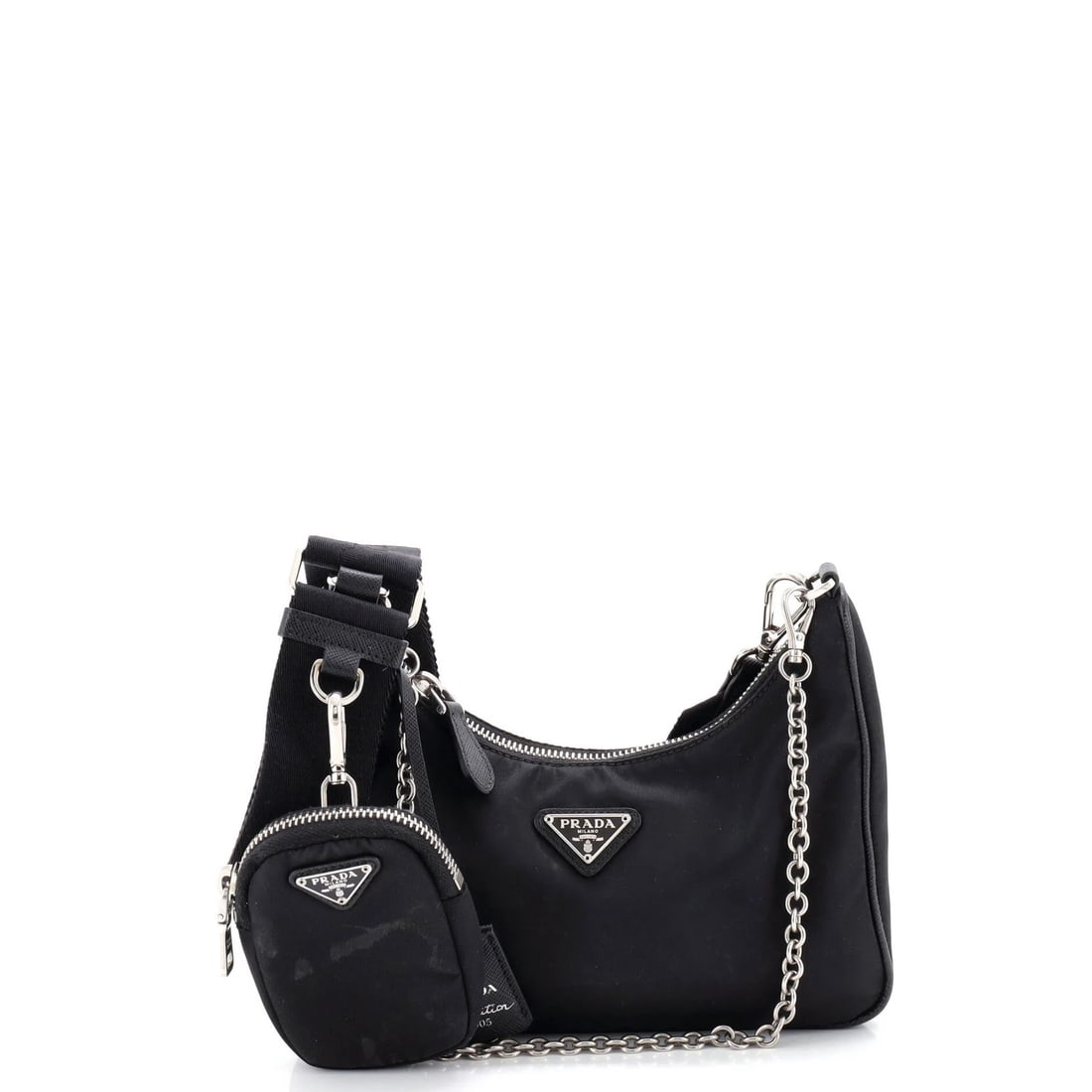 Re Edition Small Prada 2005 Bag Tessuto Shoulder: Re Edition Small Prada 2005 Bag Tessuto Shoulder Small Re-Edition Prada 2005 Bag with Tessuto Exterior in Black, featuring a cross-body design and extra strap for versatility. This 2005 model boasts