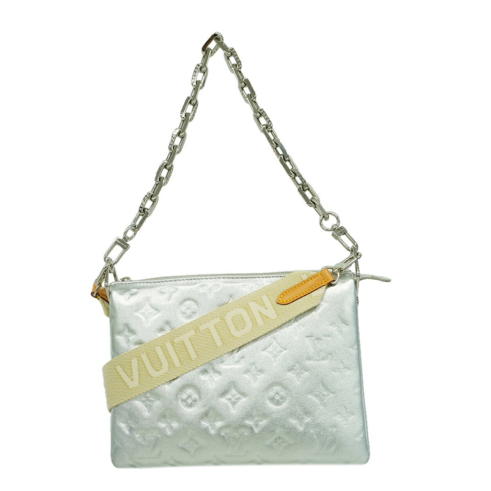 Handbag Louis Vuitton: Handbag Louis Vuitton Silver Louis Vuitton handbag with dimensions 20cm x 26.5cm x 8.5cm. This handbag bears a signature, a notable feature of the item. It is a Louis Vuitton product with the MPN