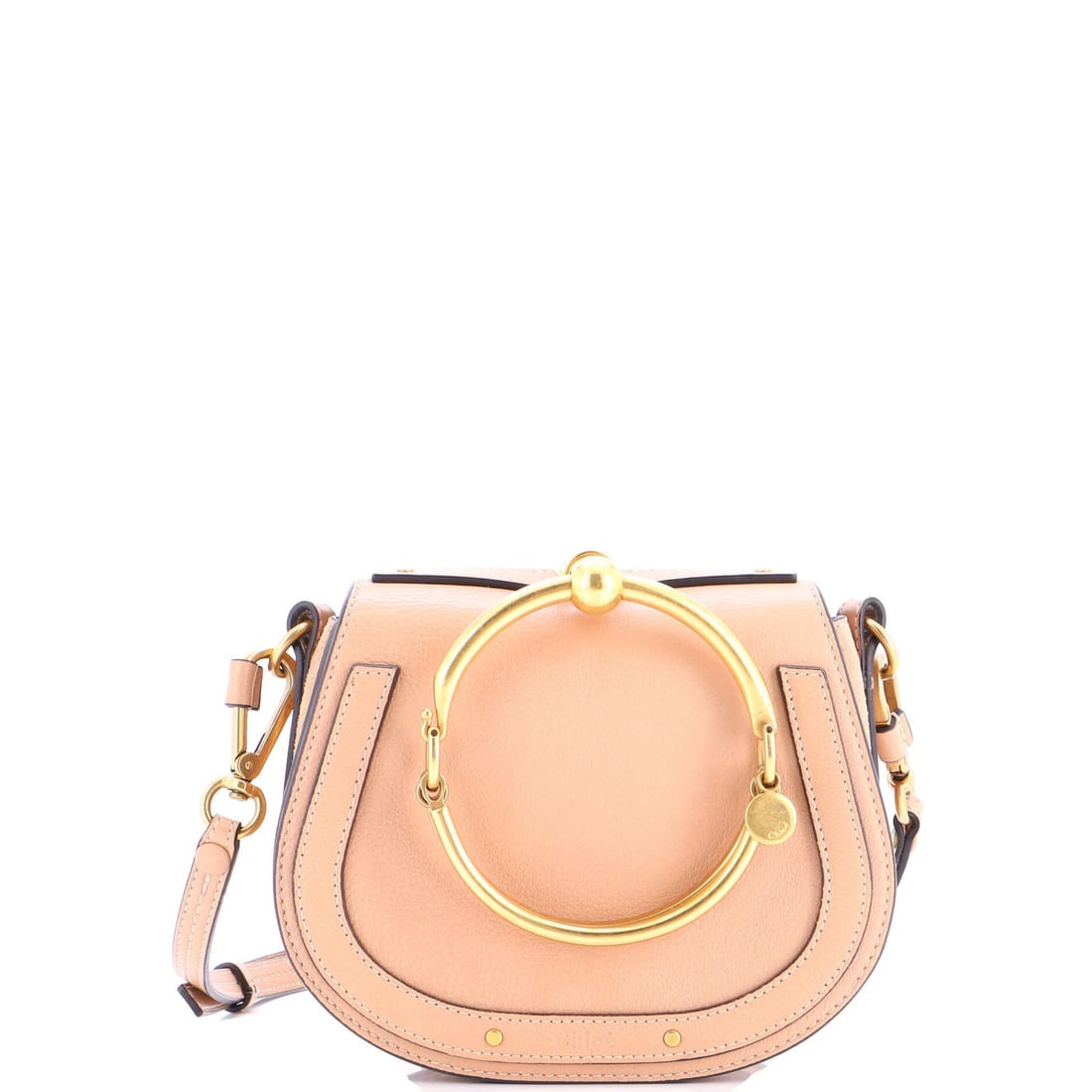 Leather Small Nile Crossbody Bag Chloe: Leather Small Nile Crossbody Bag Chloe Small neutral-colored leather crossbody bag with suede interior, featuring a 20-23" adjustable strap and measuring 4" drop. The bag bears a signature and has a