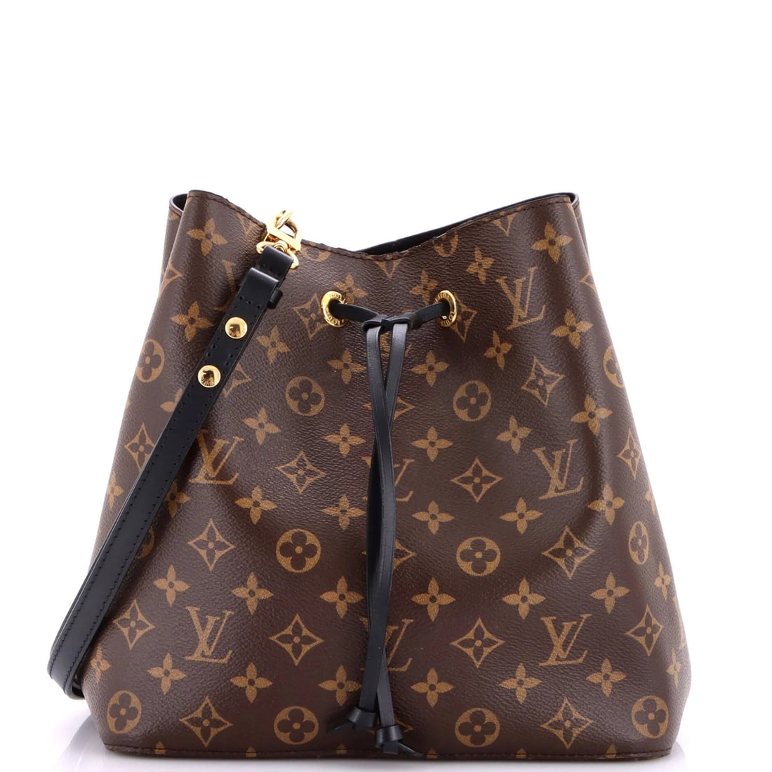 Louis Vuitton NeoNoe Handbag Monogram Canvas with Leather MM: Louis Vuitton NeoNoe Handbag Monogram Canvas with Leather MM Canvas Coated Leather exterior with black monogram canvas, gold hardware, and microfiber interior. This Louis Vuitton NeoNoe Handbag