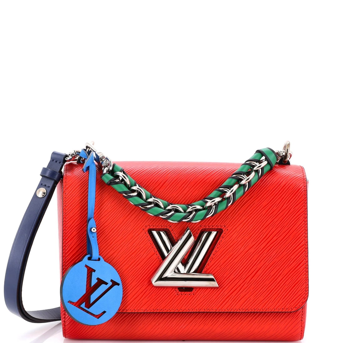 Braided twist leather bag MM Epi Louis Vuitton: Braided twist leather bag MM Epi Louis Vuitton Braided twist leather bag with a striking red exterior, featuring a cross body design and a braided handle twist. Measuring 7" in height, 9" in width,