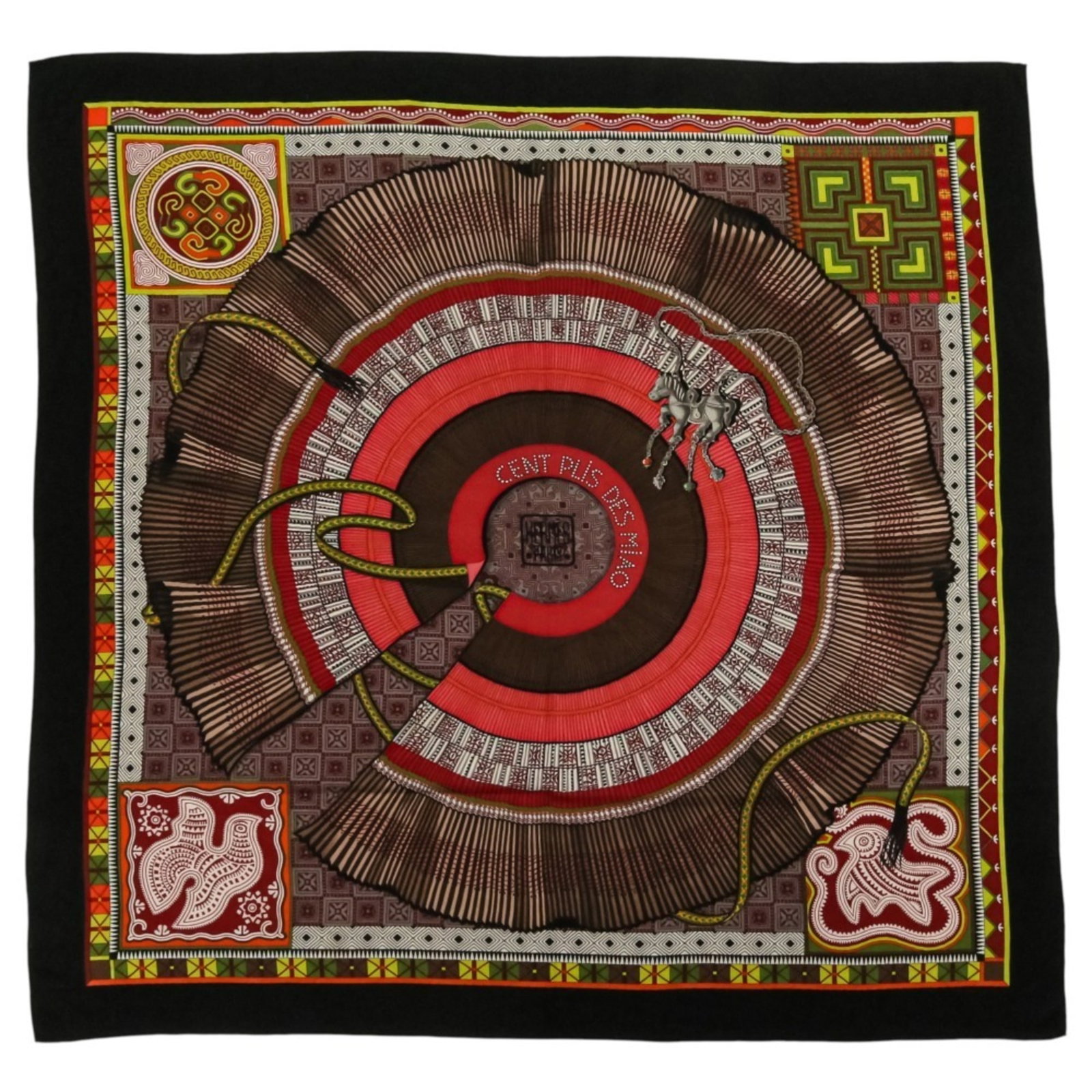 Stole by Hermes: Stole by Hermes Stole by Hermes bears a signature, measuring 1.33m x 1.33m / 52.36'' x 52.36'' in size. Its black and red coloration is notable, and the material is made from a single piece of leather