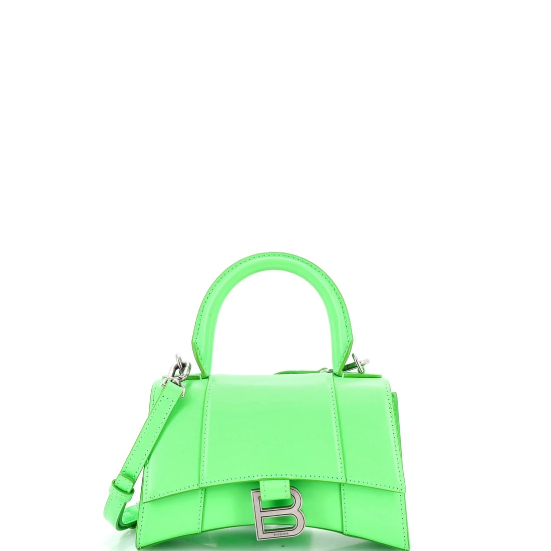 Leather Handle Top Bag Hourglass Balenciaga XS: Leather Handle Top Bag Hourglass Balenciaga XS Balenciaga's iconic XS Leather Handle Top Bag features a striking green exterior and elegant hourglass design. With its 3.5" drop handle and adjustable 9