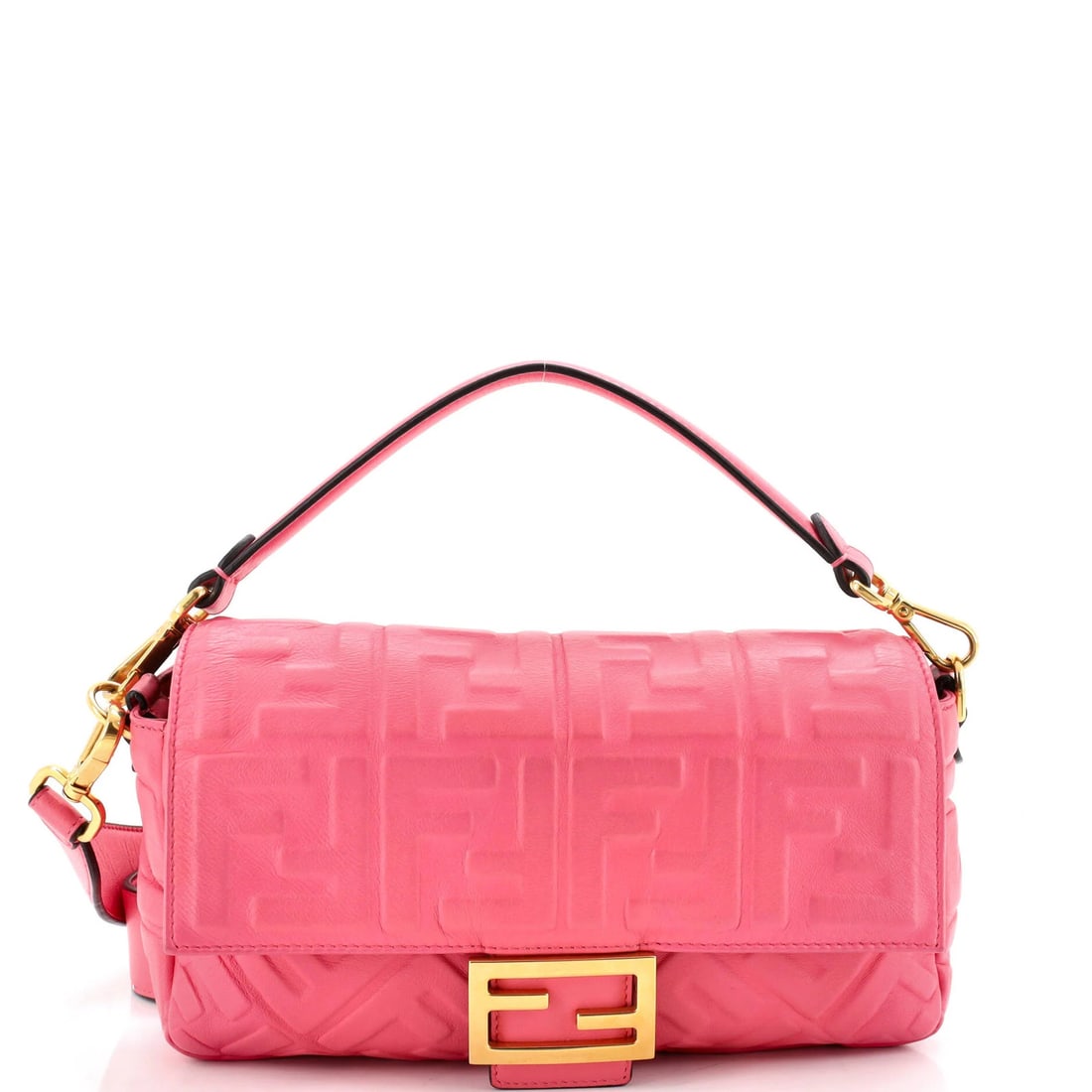 Fendi Baguette Medium NM Zucca Embossed Leather Bag: Fendi Baguette Medium NM Zucca Embossed Leather Bag Pink Fendi Baguette Medium Zucca Embossed Leather Cross Body Bag with scuffs, creases, edge wear, corner wear, and discoloration, featuring gold