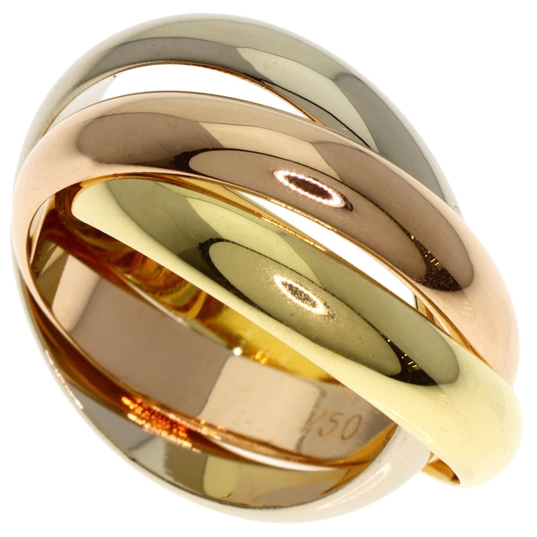 K18 White Gold K18 Yellow Gold Cartier Trinity #50 Ring: K18 White Gold K18 Yellow Gold Cartier Trinity #50 Ring K18 White Gold K18 Yellow Gold Cartier Trinity #50 Ring features a striking combination of two gold metals, K18 White Gold and K18 Yellow Gold,