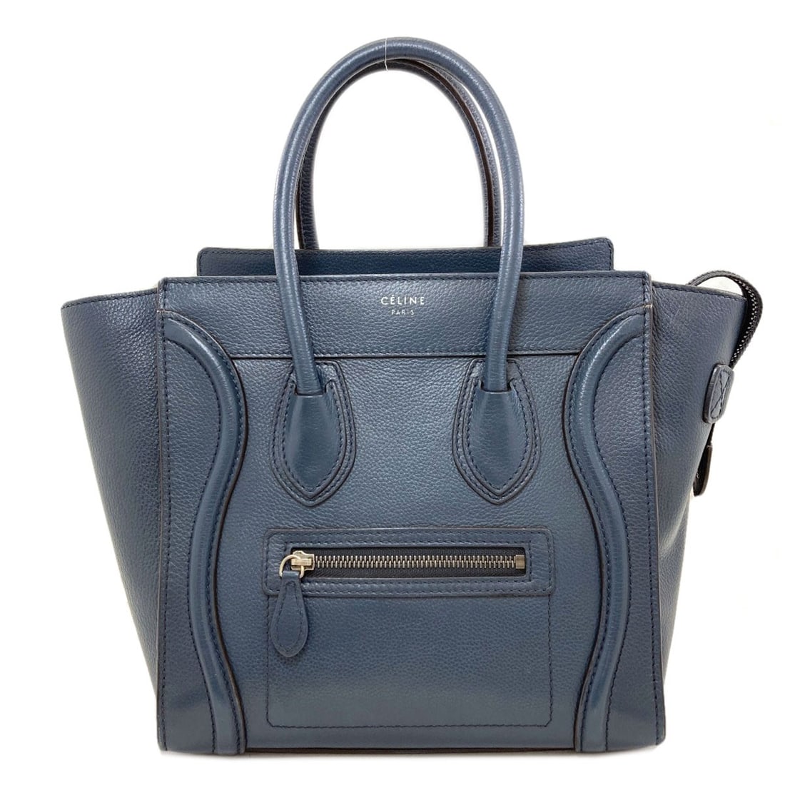 Calf Micro Luggage Tote Bag Celine: Calf Micro Luggage Tote Bag Celine Blue Calf Micro Luggage Tote Bag from Celine. This stylish tote bag features a calf exterior in blue, combining a durable material with a sleek design. A notable det