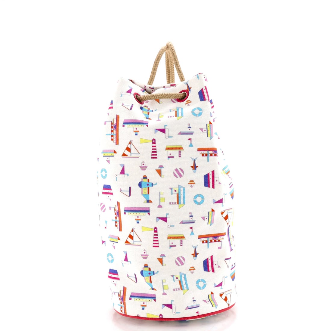 Petit Chalutier Duffle Bag Canvas Hermes: Petit Chalutier Duffle Bag Canvas Hermes Canvas Petit Chalutier Duffle Bag from Hermes, featuring a multicolor print on a plain canvas exterior and a pink interior. The bag boasts a classic duffle