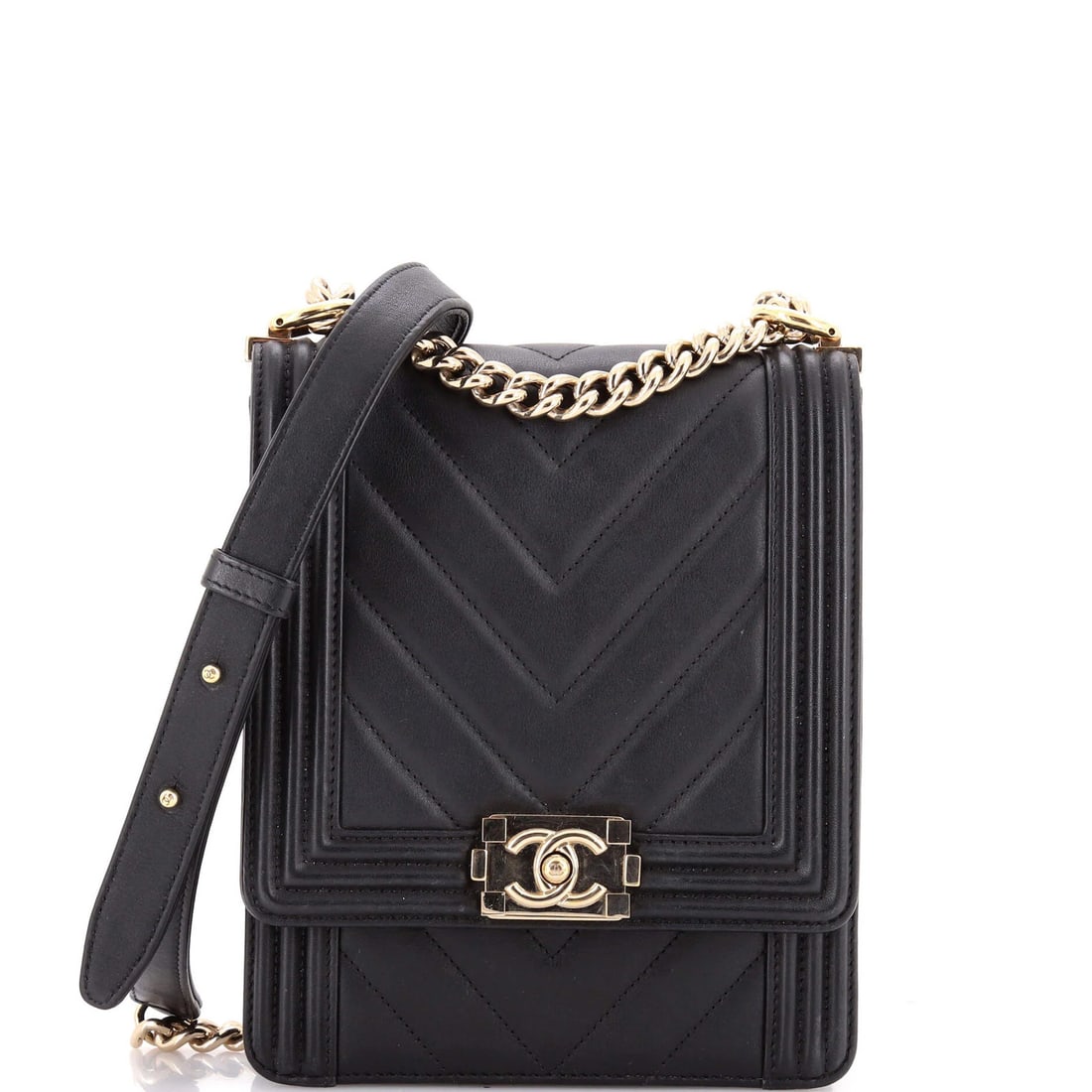 Small Chevron Lambskin Boy Bag North South Flap Chanel: Small Chevron Lambskin Boy Bag North South Flap Chanel Small Chevron Lambskin Boy Bag in Black with Gold Hardware, featuring a classic North South Flap design and a stylish cross body strap. This