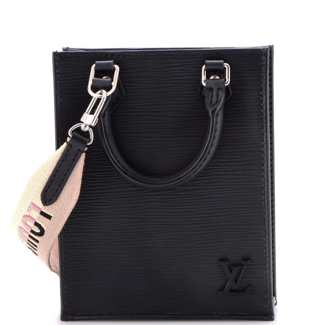 Petit Sac Plat Bag Epi Leather with Louis Vuitton Logo Jacquard Strap: Petit Sac Plat Bag Epi Leather with Louis Vuitton Logo Jacquard Strap Black leather Petit Sac Plat Bag Epi with a distinctive Louis Vuitton logo jacquard strap, featuring a classic cross body design.