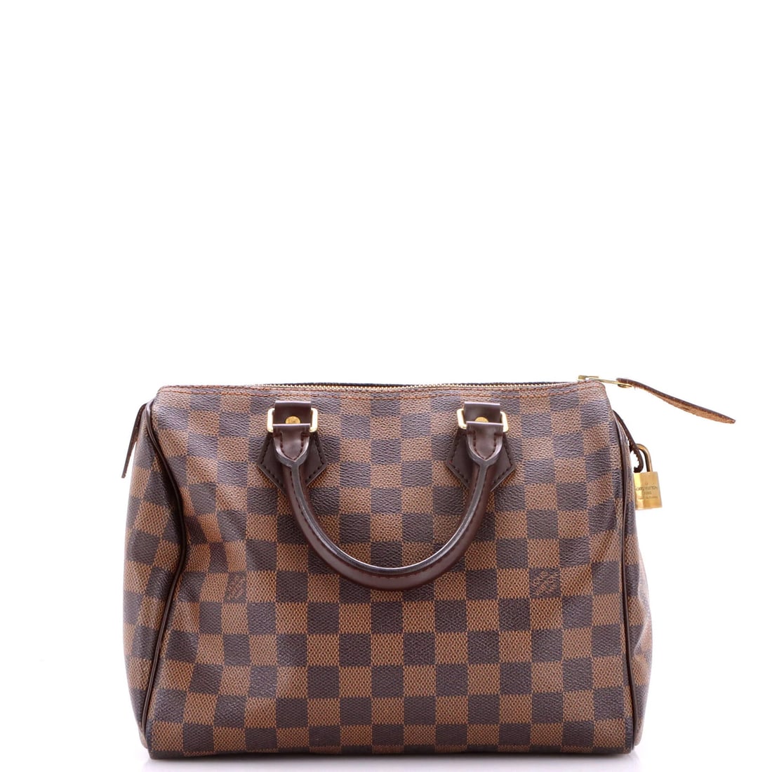 Vuitton Speedy Damier Louis Handbag 25: Vuitton Speedy Damier Louis Handbag 25 Brown Louis Vuitton Speedy Damier Louis Handbag 25 with heavy edge wear, scuffs, and creases on the exterior, and scuffs and discoloration on the handles/straps.