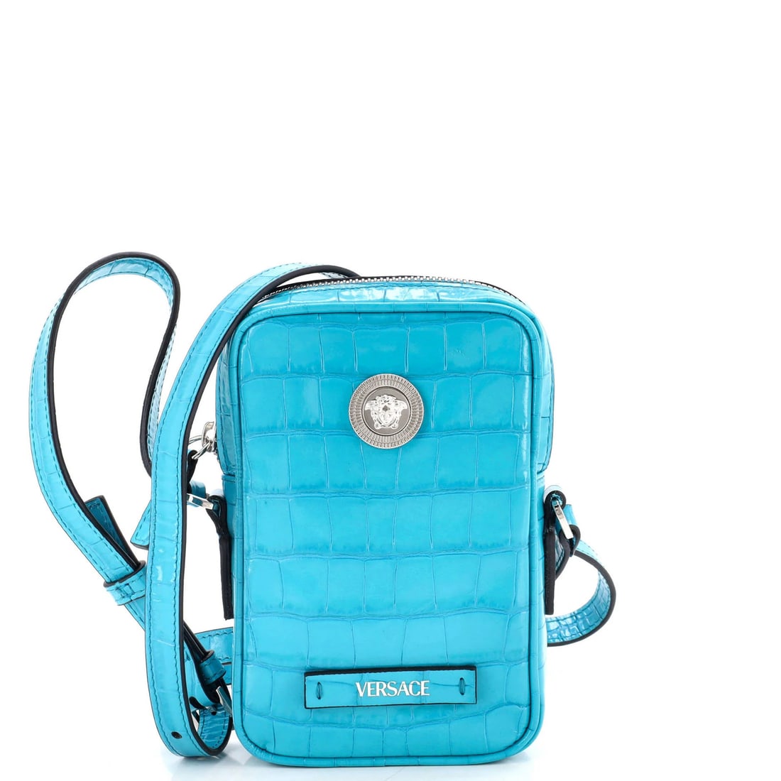 Biggie Crossbody Bag Crocodile Embossed Leather Pouch Versace Micro: Biggie Crossbody Bag Crocodile Embossed Leather Pouch Versace Micro The Versace Medusa Biggie Pouch Crossbody Bag in blue crocodile embossed leather boasts a striking design with a signature from the